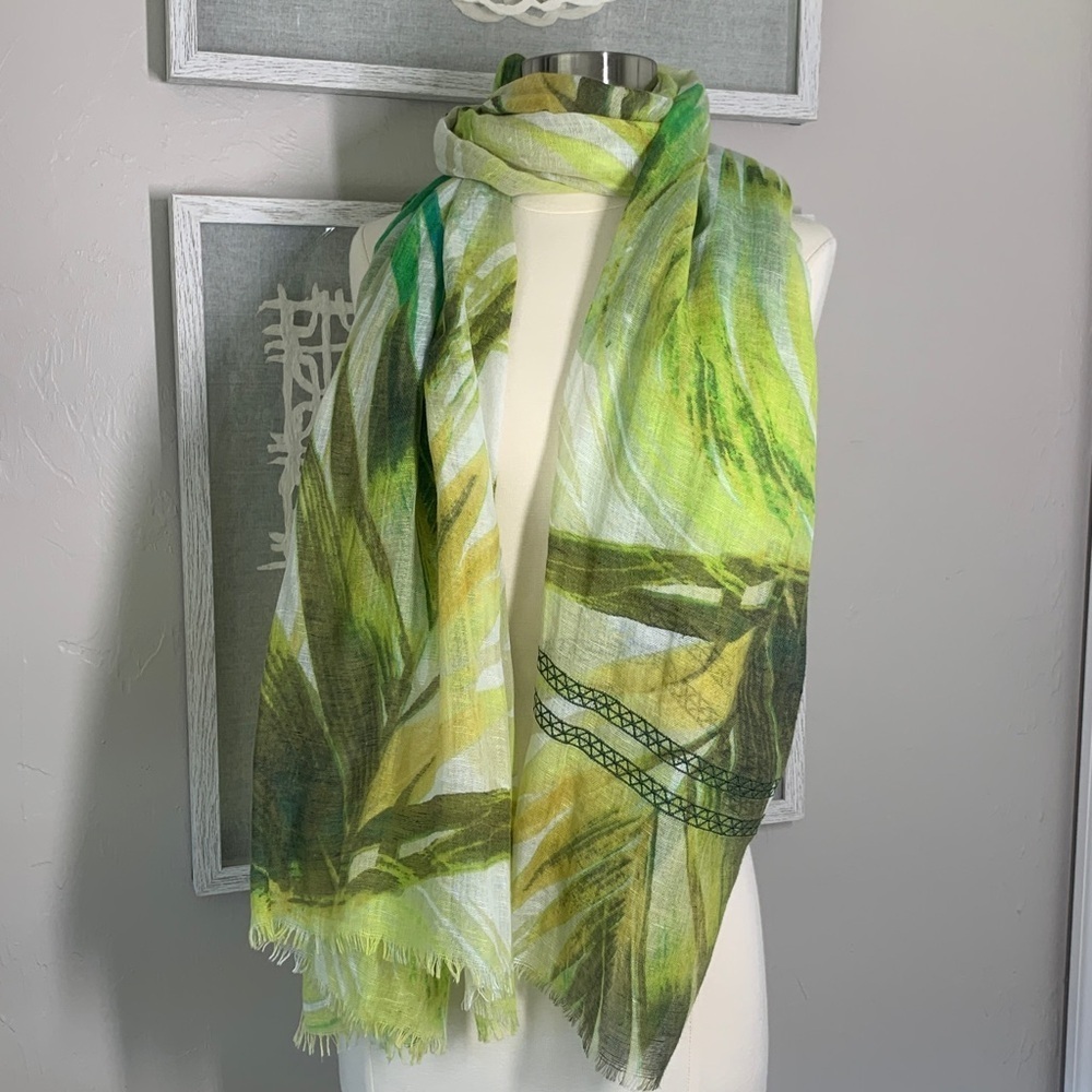 Echo linen scarf tropical leaf print green and brown